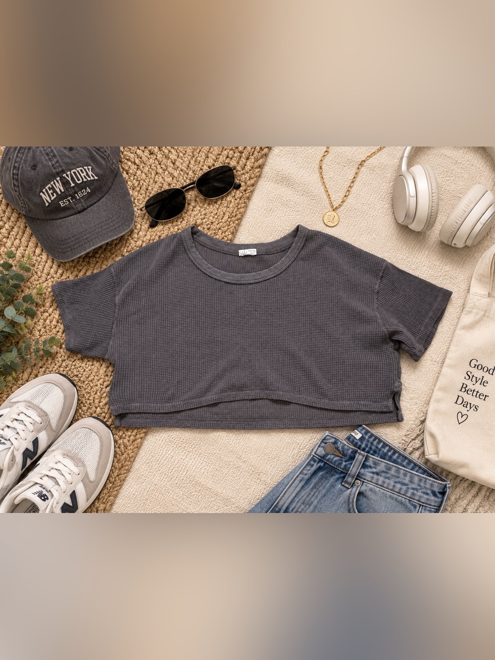 Aerie Offline Womenβs Cropped Waffle Knit Short Sleeve Tee Charcoal Gray
